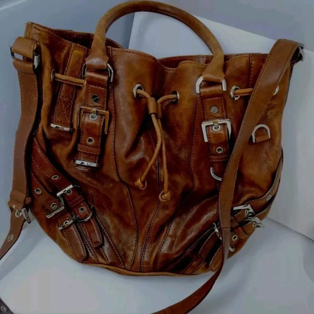 Michael Kors Leather Tote Hobo Shoulder Bag Distressed Look Large Bucket Buckle